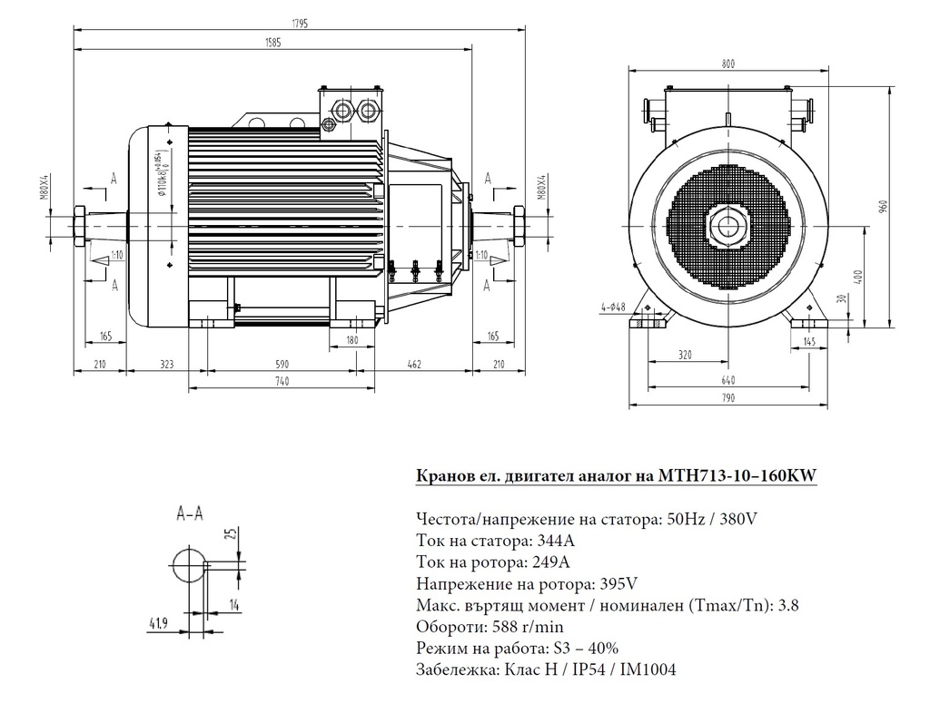 Ел. двигател с навит ротор 160kW, 600, IM1004, MTH713-10, IP54 с двоен конусен вал